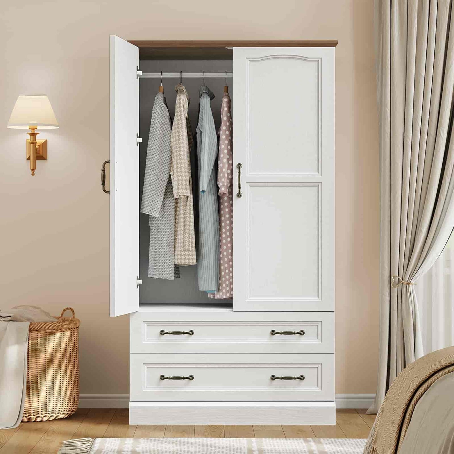 White wardrobe with clothes inside in a room setting