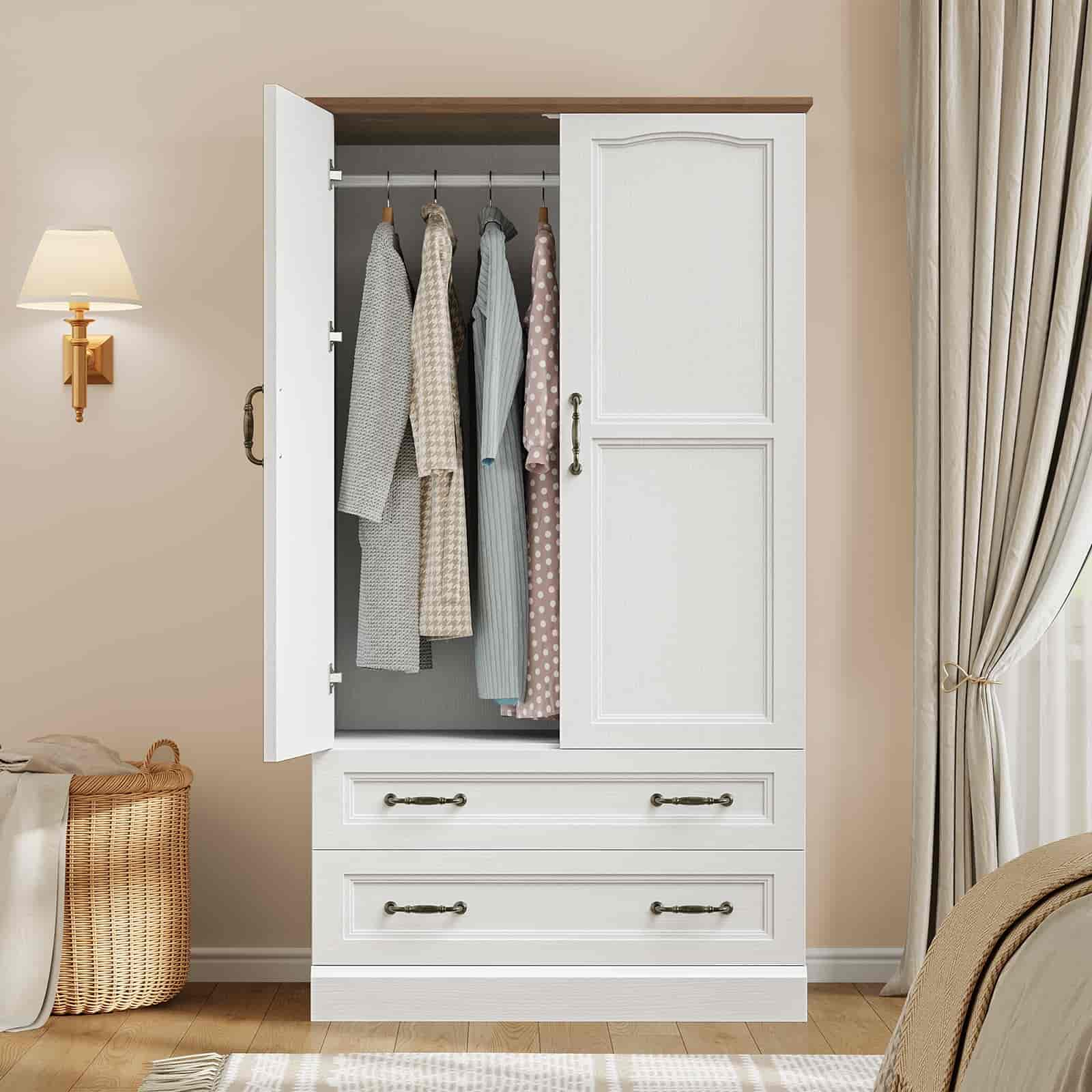 White wardrobe with clothes inside in a room setting