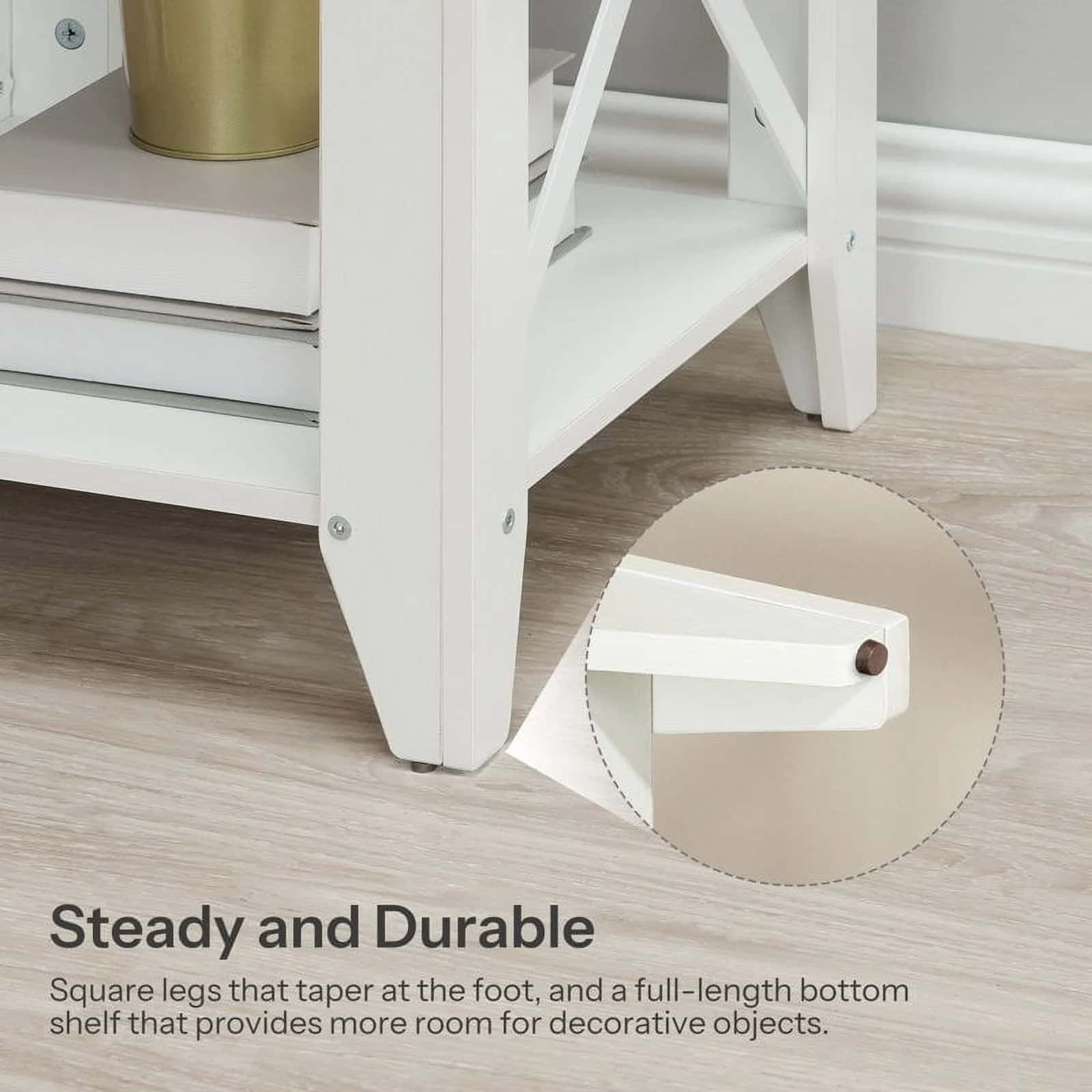 White wooden shelf with square legs and a full-length bottom shelf, featuring text 'Steady and Durable'.