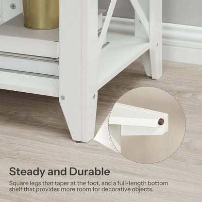 White wooden shelf with square legs and a full-length bottom shelf, featuring text 'Steady and Durable'.