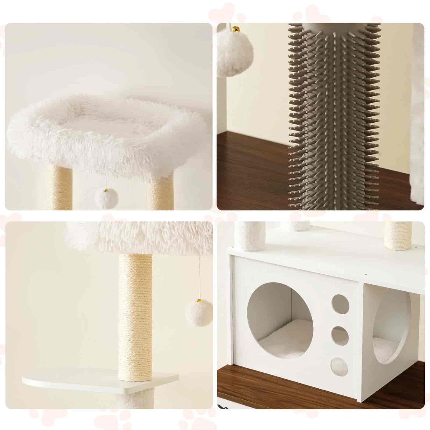 Collage of cat furniture products including a white cushioned perch, sisal-wrapped post, and a white cat tree with wooden base.