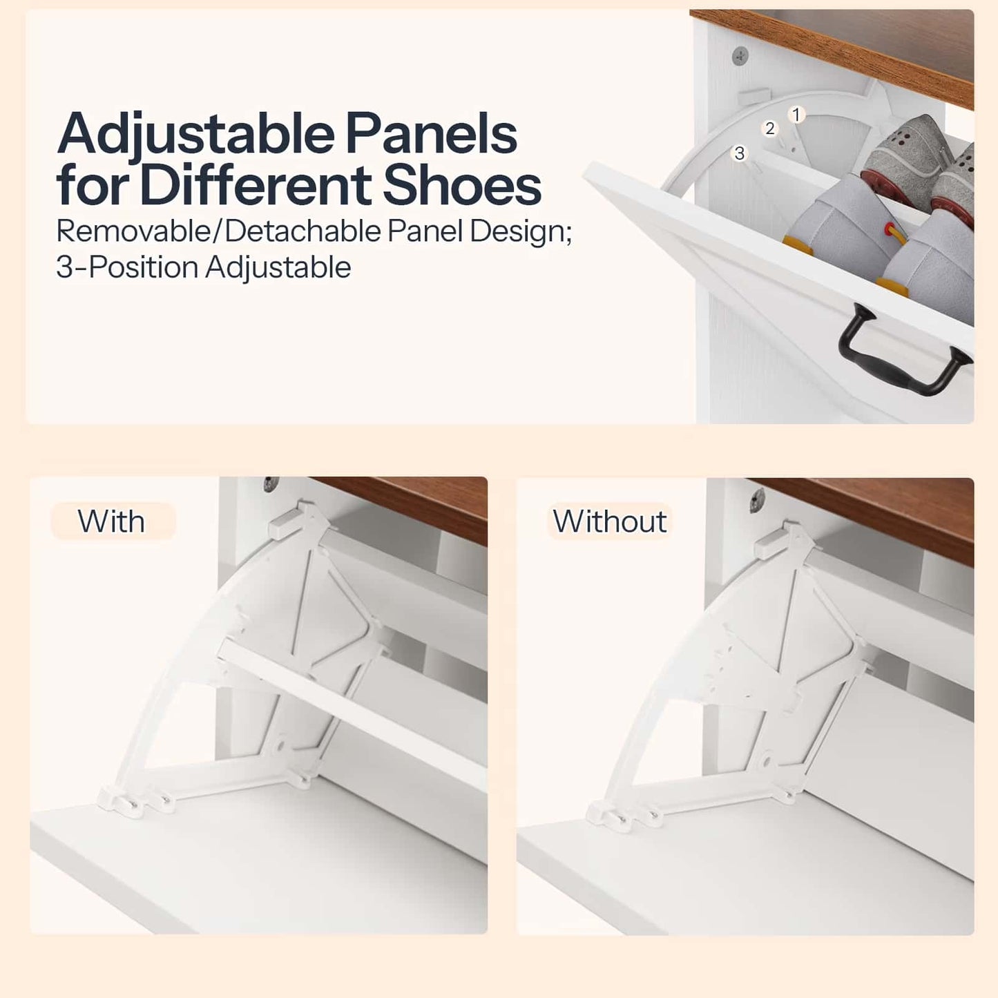 Shoe storage unit with adjustable panels for different shoes, showing a before and after comparison.