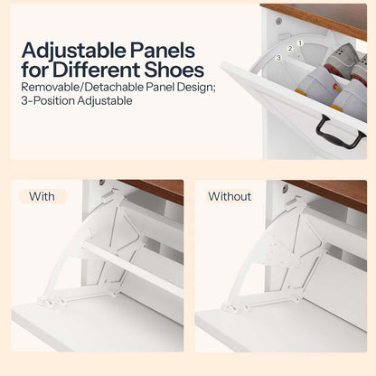 Shoe storage unit with adjustable panels for different shoes, showing a before and after comparison.