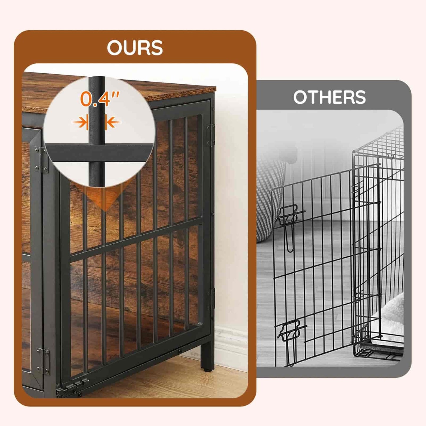 Comparison of a wooden gate with metal bars labeled 'OURS' and a wire gate labeled 'OTHERS'.