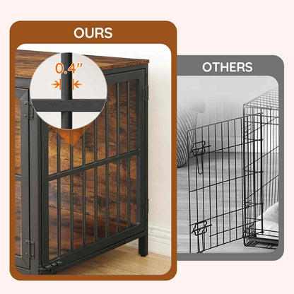 Comparison of a wooden gate with metal bars labeled 'OURS' and a wire gate labeled 'OTHERS'.