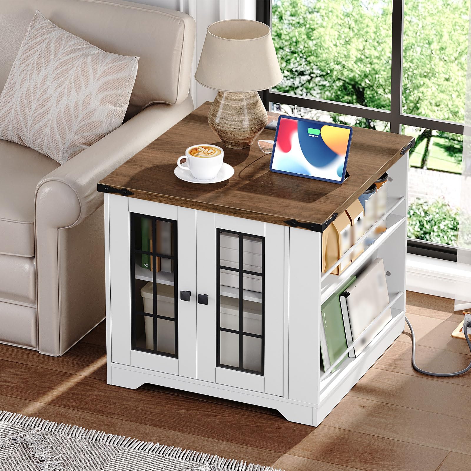 Wooden coffee table with a tablet, cup of coffee, and lamp in a living room setting.