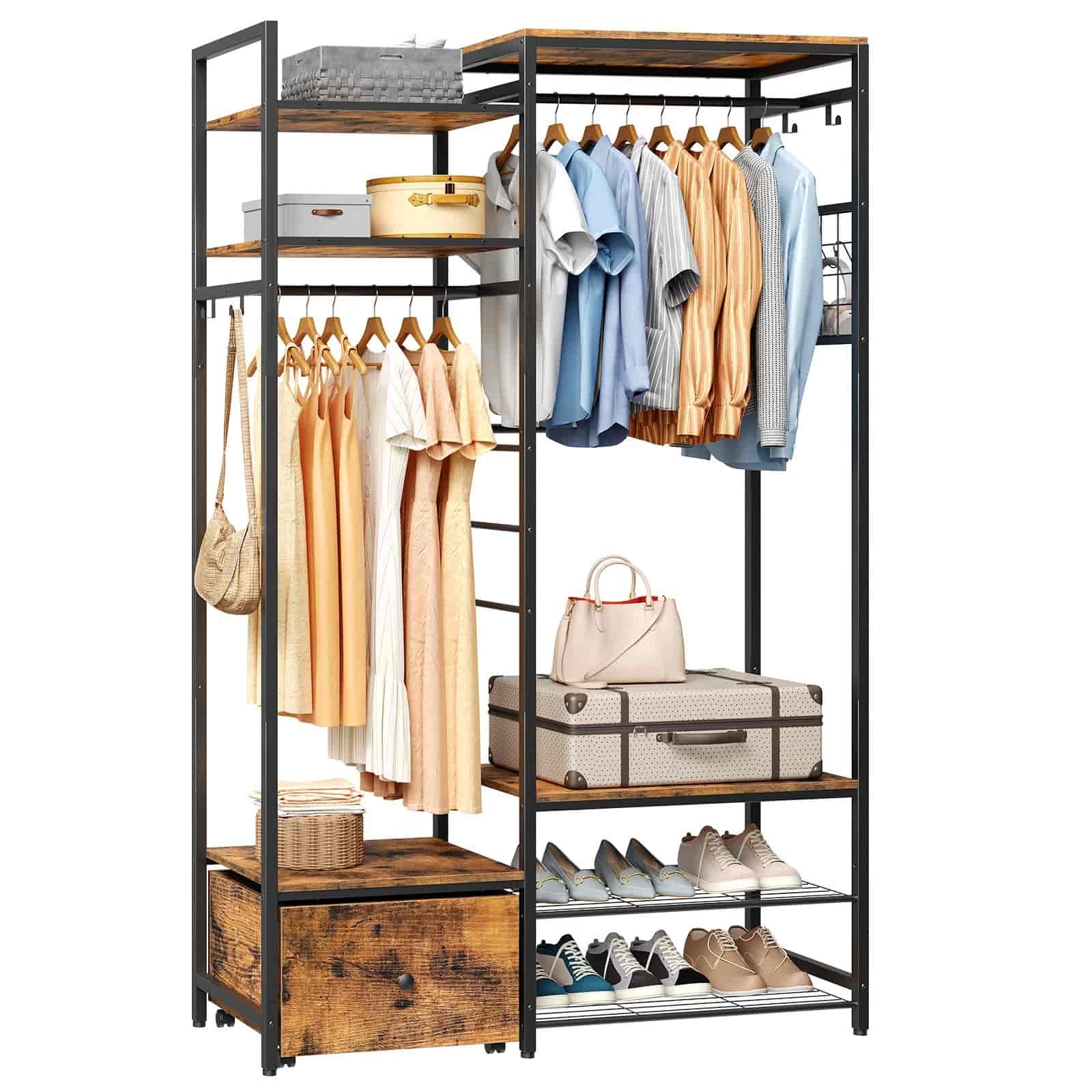 Clothing rack with clothes, shoes, and bags on a white background