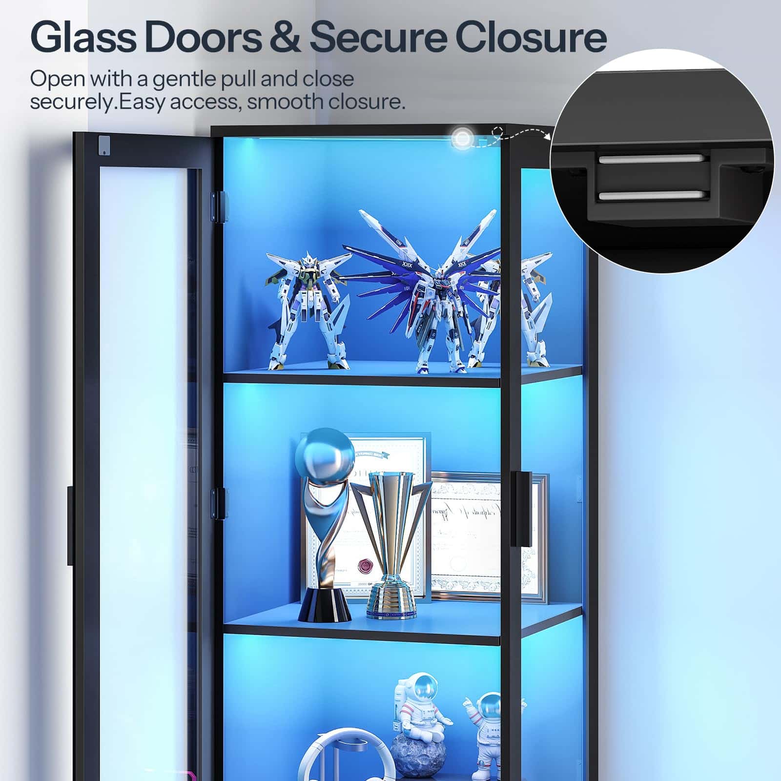 Glass display cabinet with robot models and trophies, featuring a secure closure mechanism.