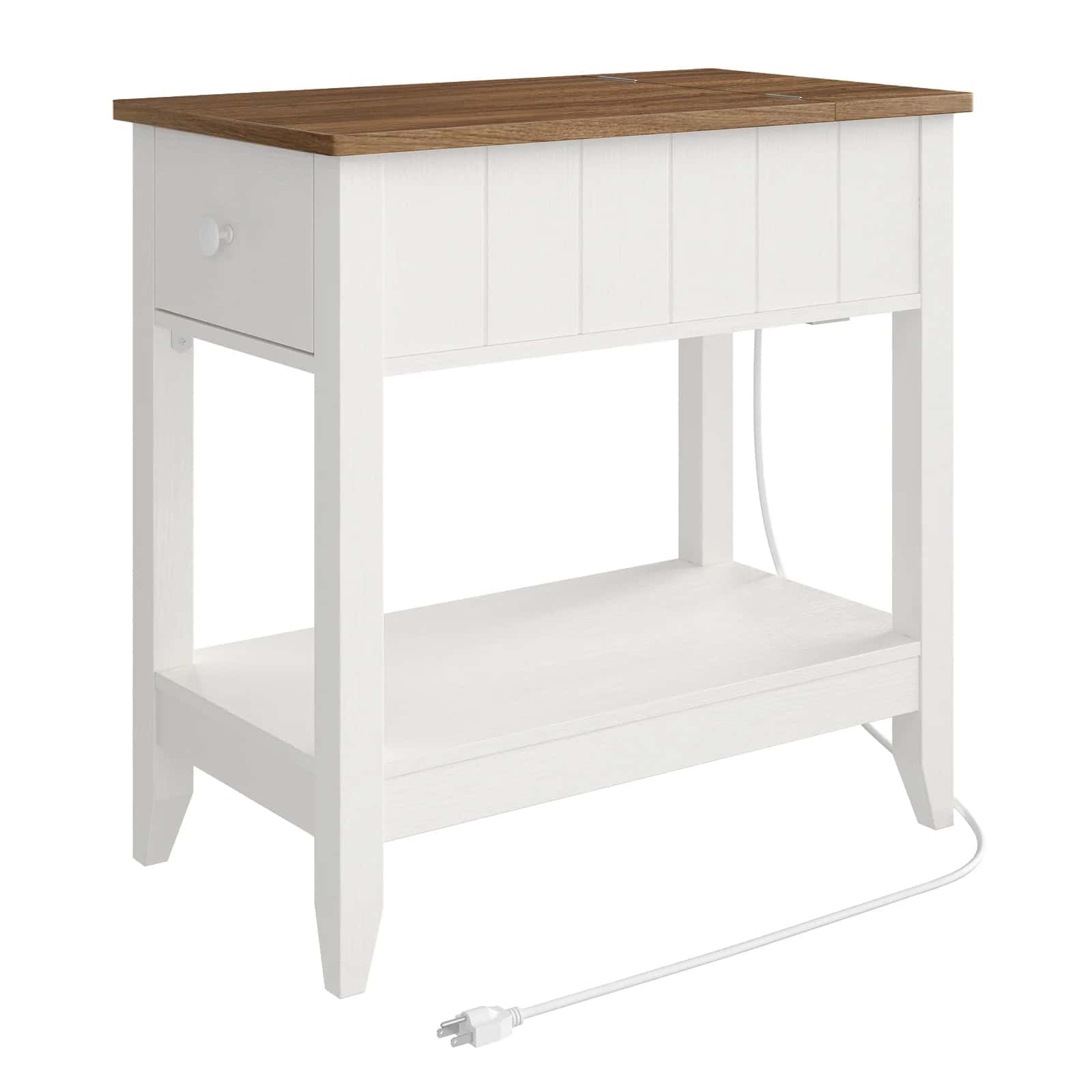White side table with a wooden top on a white background