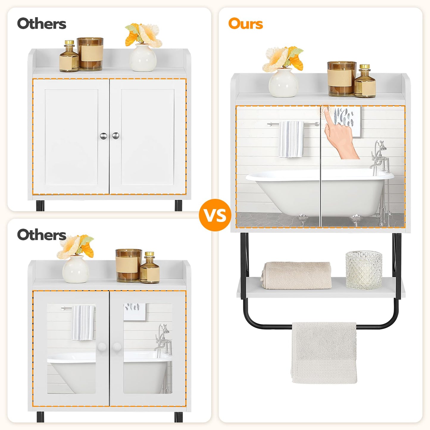 Comparison of a bathroom cabinet design labeled 'Others' vs 'Ours' with a hand pointing to the 'Ours' option.