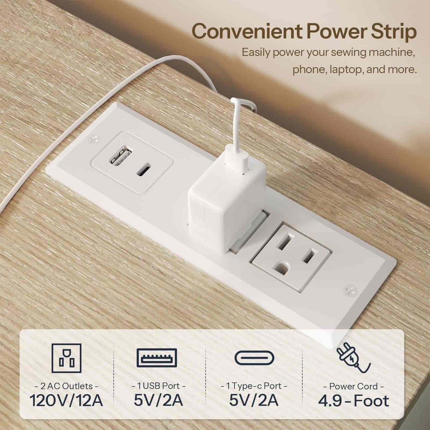 White power strip with multiple ports on a wooden surface, featuring text about its uses.