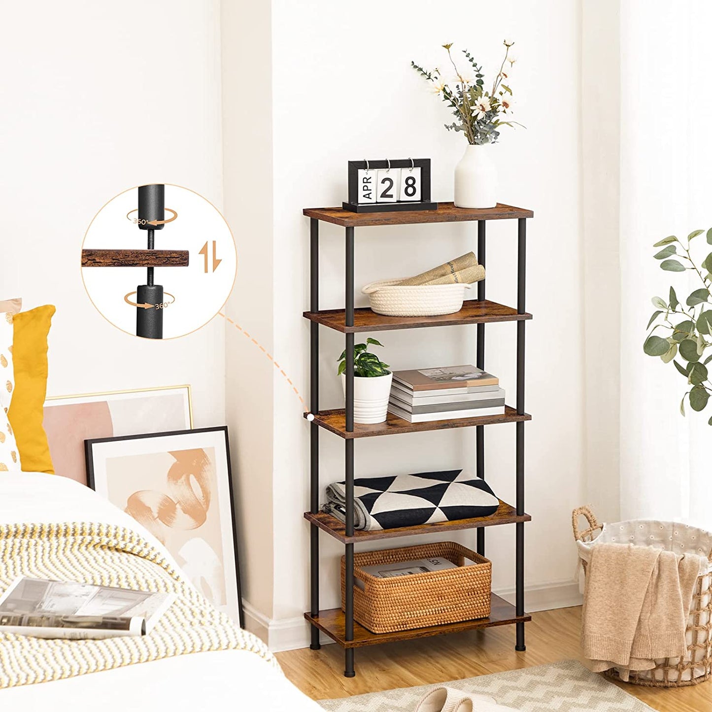 Wooden shelf with decorative items in a room setting