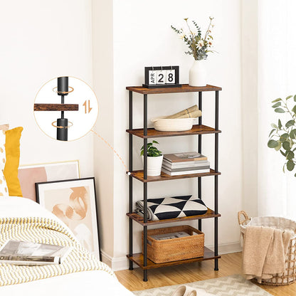 Wooden shelf with decorative items in a room setting