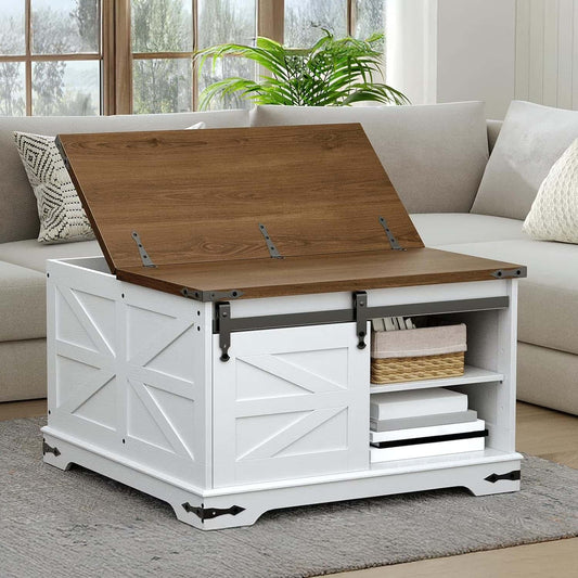 White storage chest with a wooden top in a living room setting