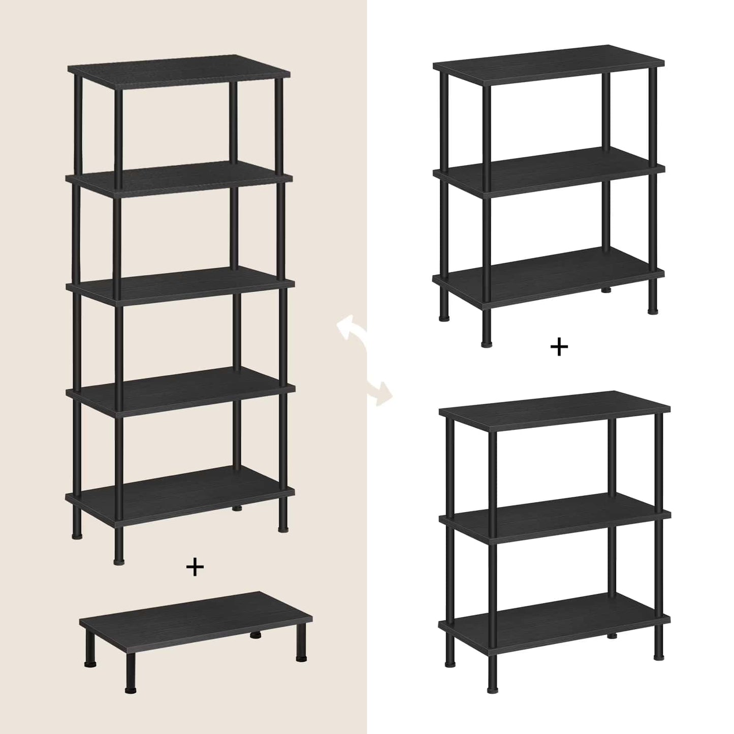 Set of black metal shelves on a beige background