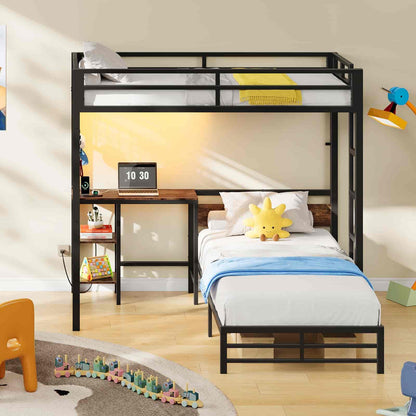 Black metal bunk bed in a child's bedroom with a desk and toys.