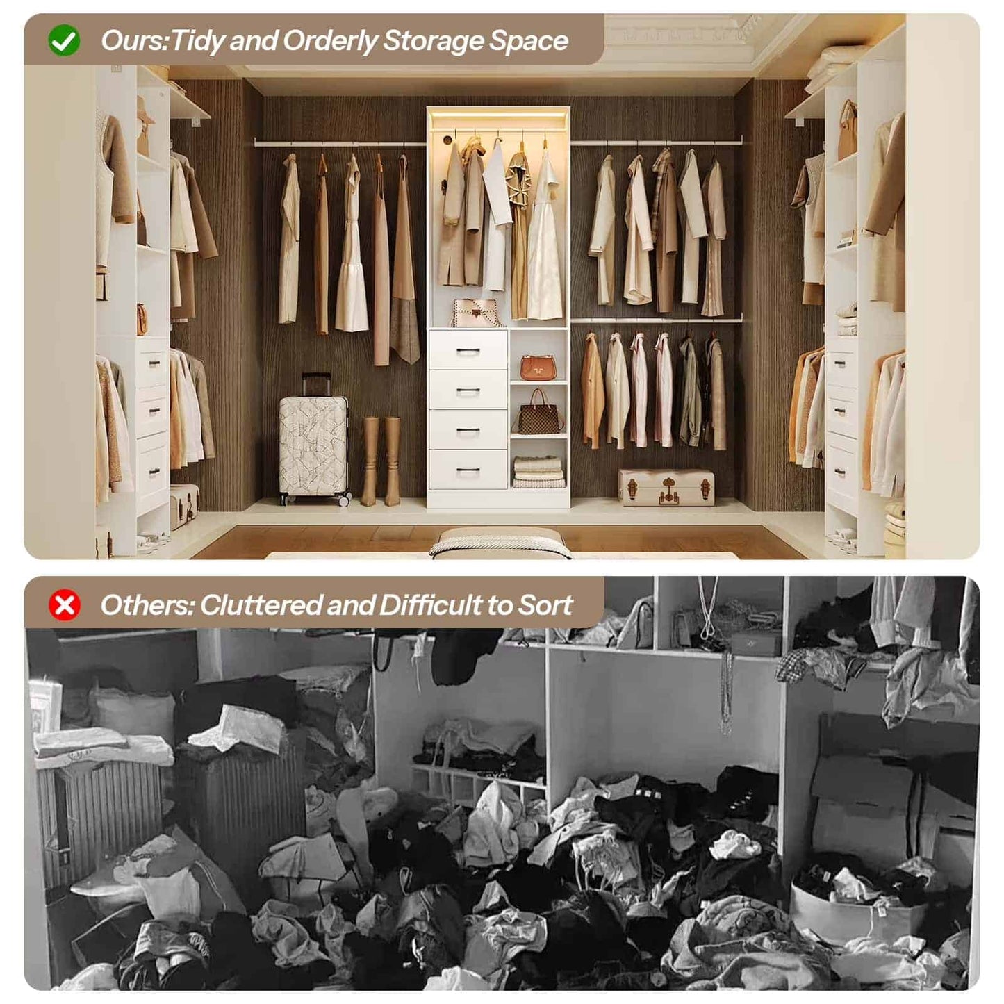 Comparison of a tidy storage space with organized clothes and a cluttered space with disorganized items.