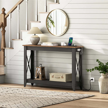 Console table with decorative items against a white wall with horizontal slats.