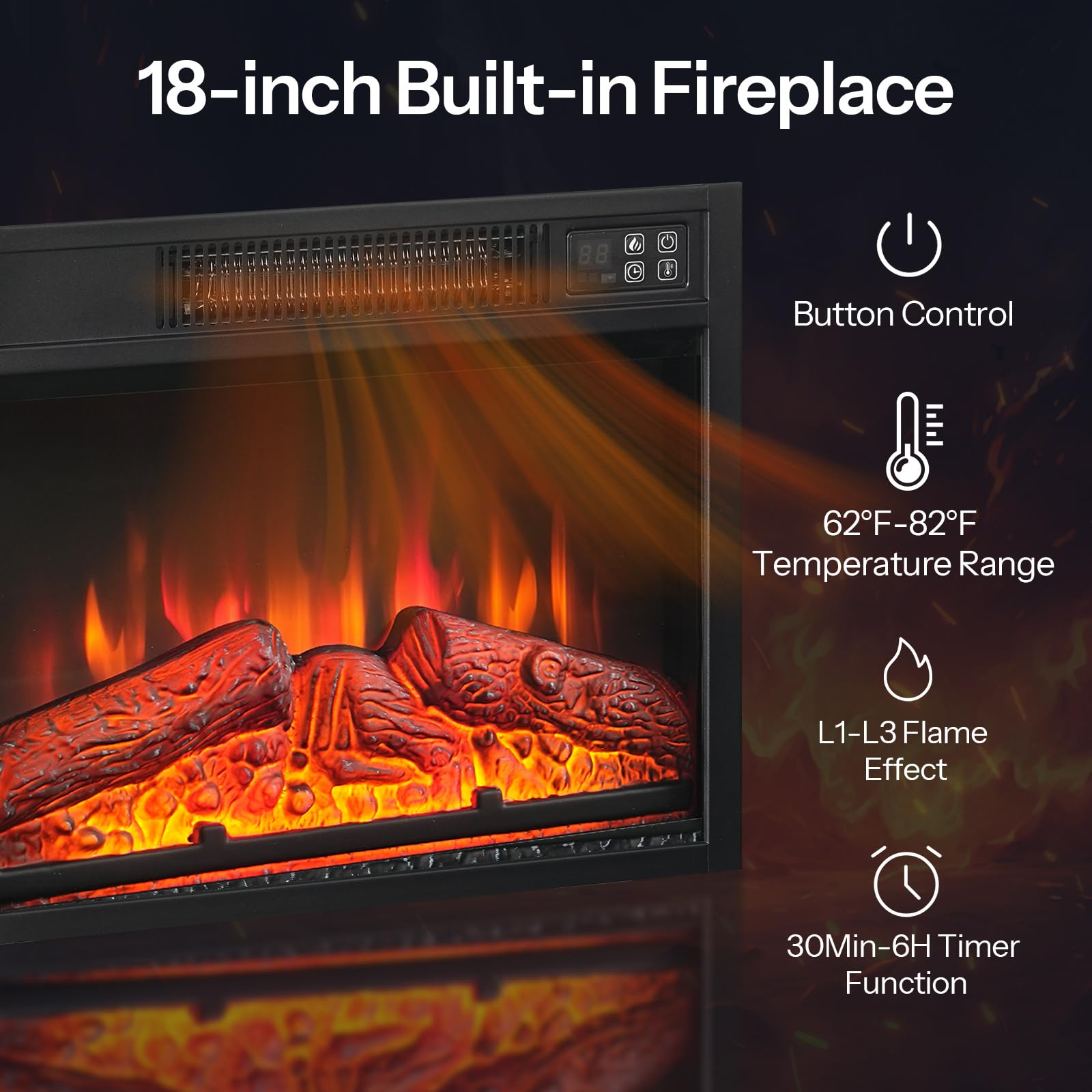 18-inch built-in fireplace with glowing logs and flames, featuring button control and temperature range.