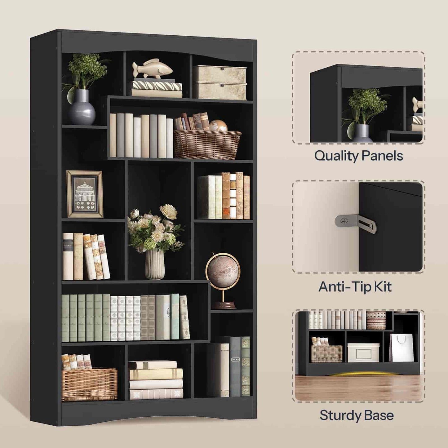 Black bookshelf with various items on shelves, quality panels, anti-tip kit, and sturdy base highlighted.
