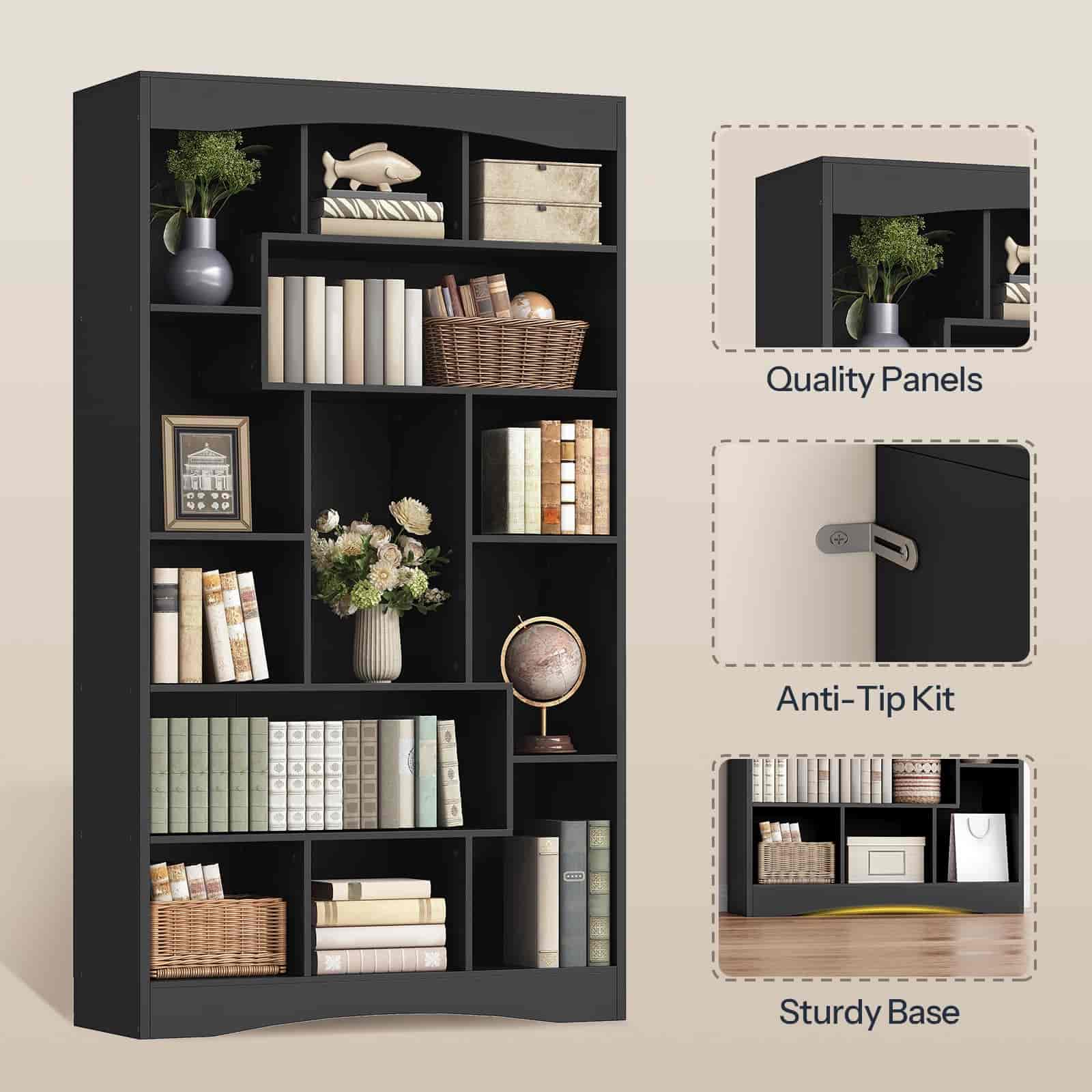 Black bookshelf with various items on shelves, quality panels, anti-tip kit, and sturdy base highlighted.