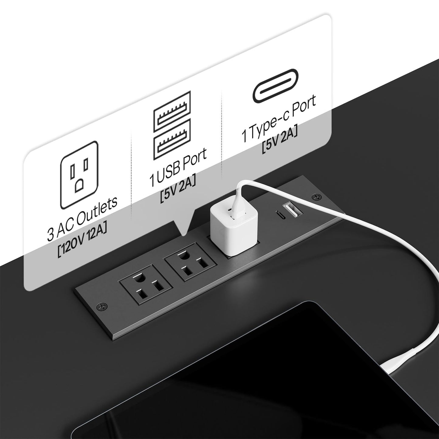 Power strip with multiple outlets and ports on a black surface