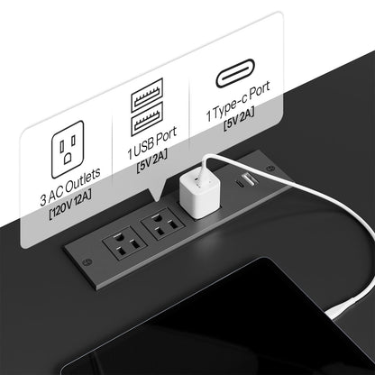 Power strip with multiple outlets and ports on a black surface