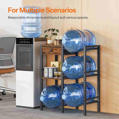 Water dispenser with water bottles on a rack in an office setting