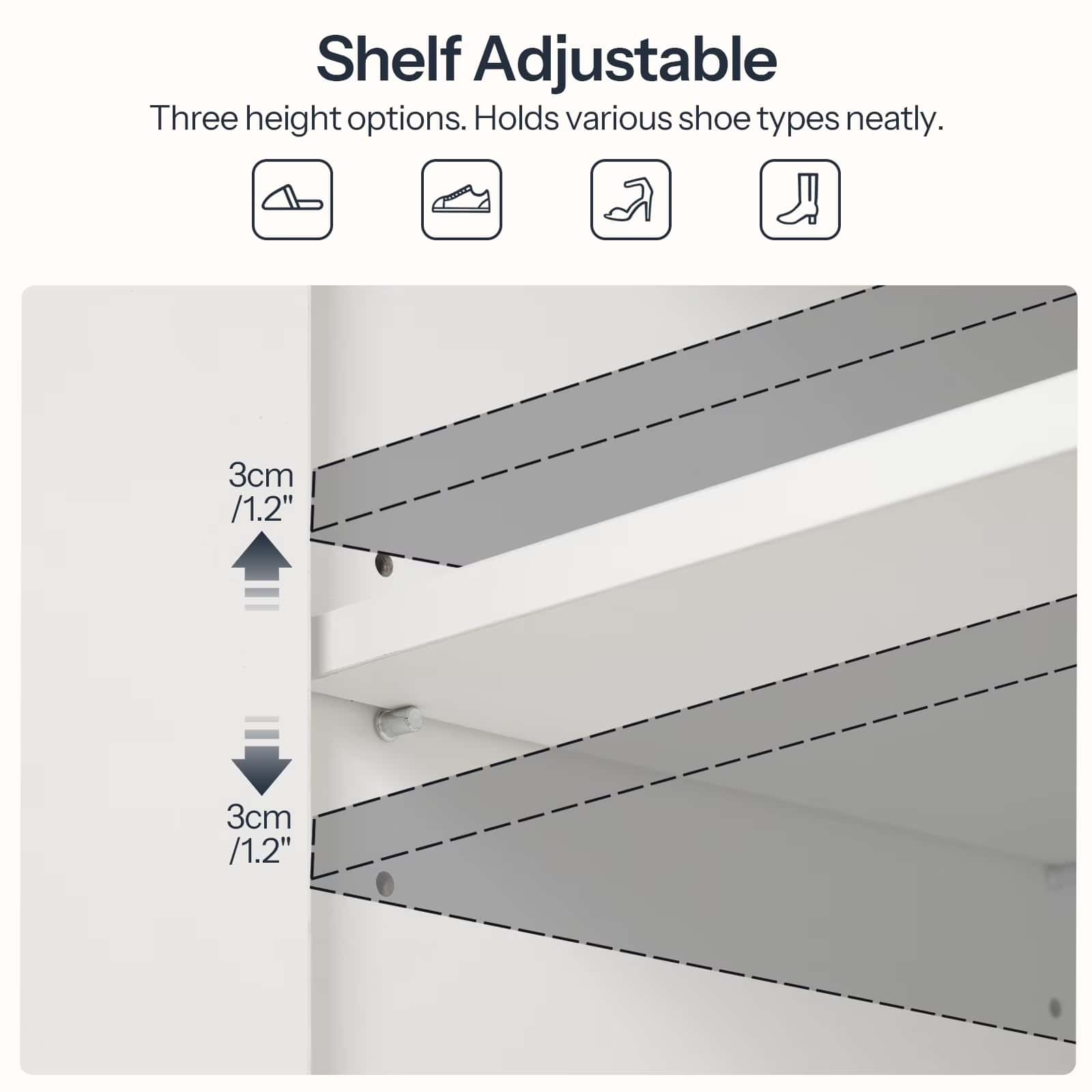 Adjustable shelf with height options for shoes on a white background
