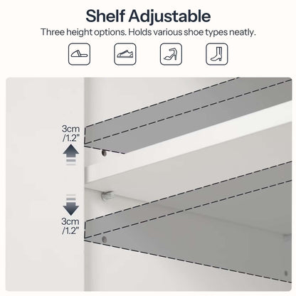 Adjustable shelf with height options for shoes on a white background