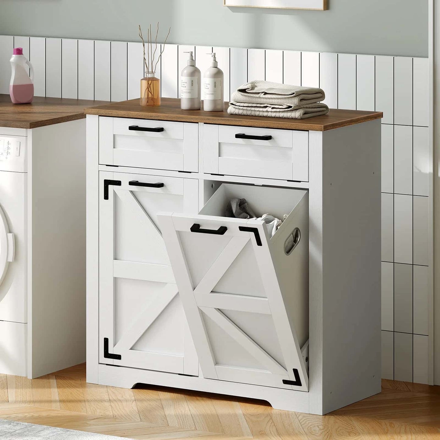 White laundry cabinet with open door revealing clothes, placed against a tiled wall.