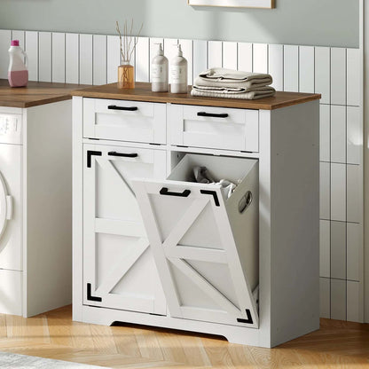 White laundry cabinet with open door revealing clothes, placed against a tiled wall.