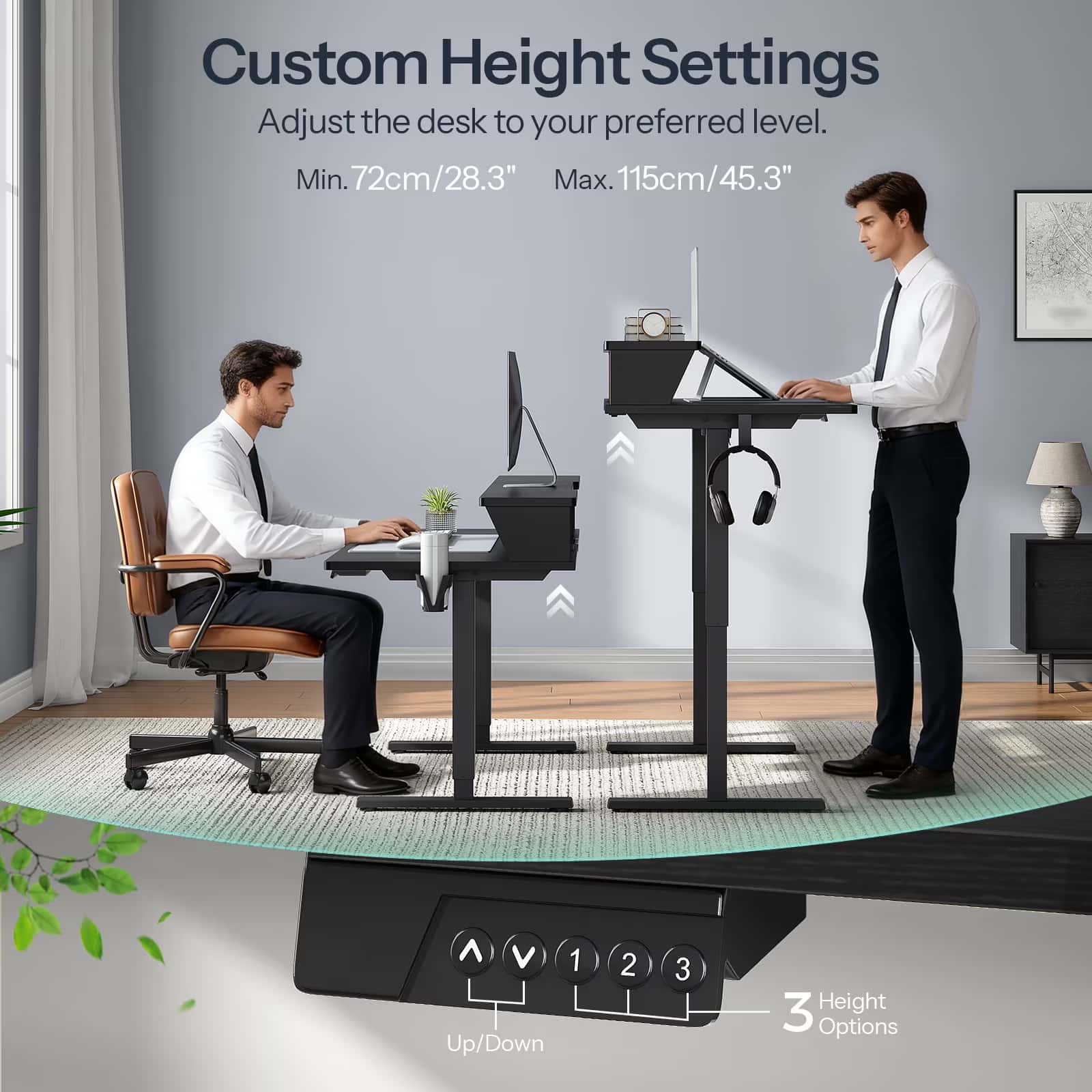 Ergonomic standing desk with adjustable height settings in a home office setting.