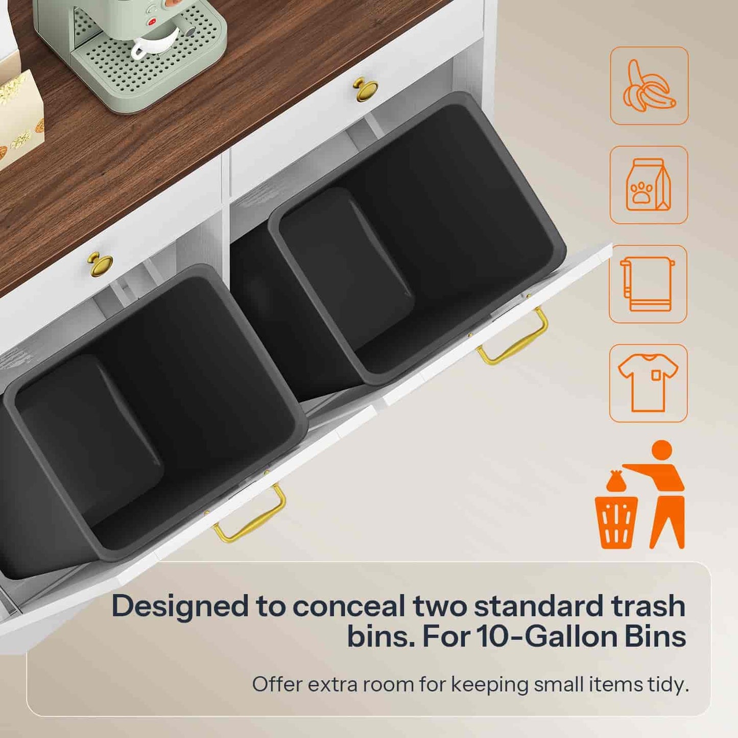 Two standard trash bins concealed within a kitchen cabinet with icons indicating their uses.
