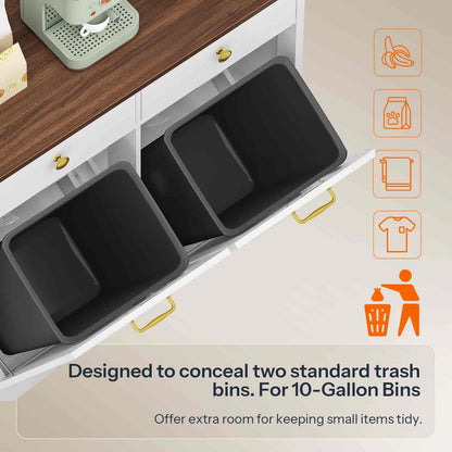 Two standard trash bins concealed within a kitchen cabinet with icons indicating their uses.