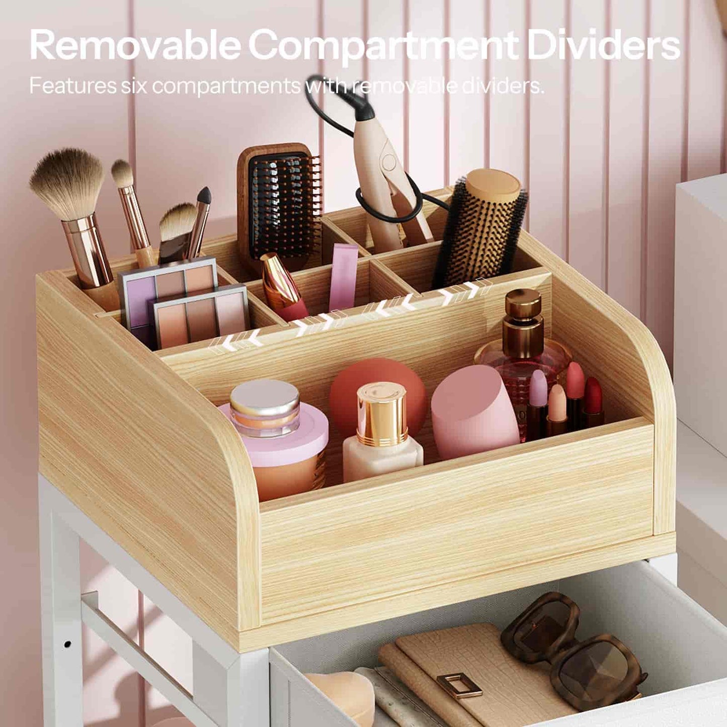 Wooden cosmetic organizer with removable compartment dividers filled with makeup and beauty products.