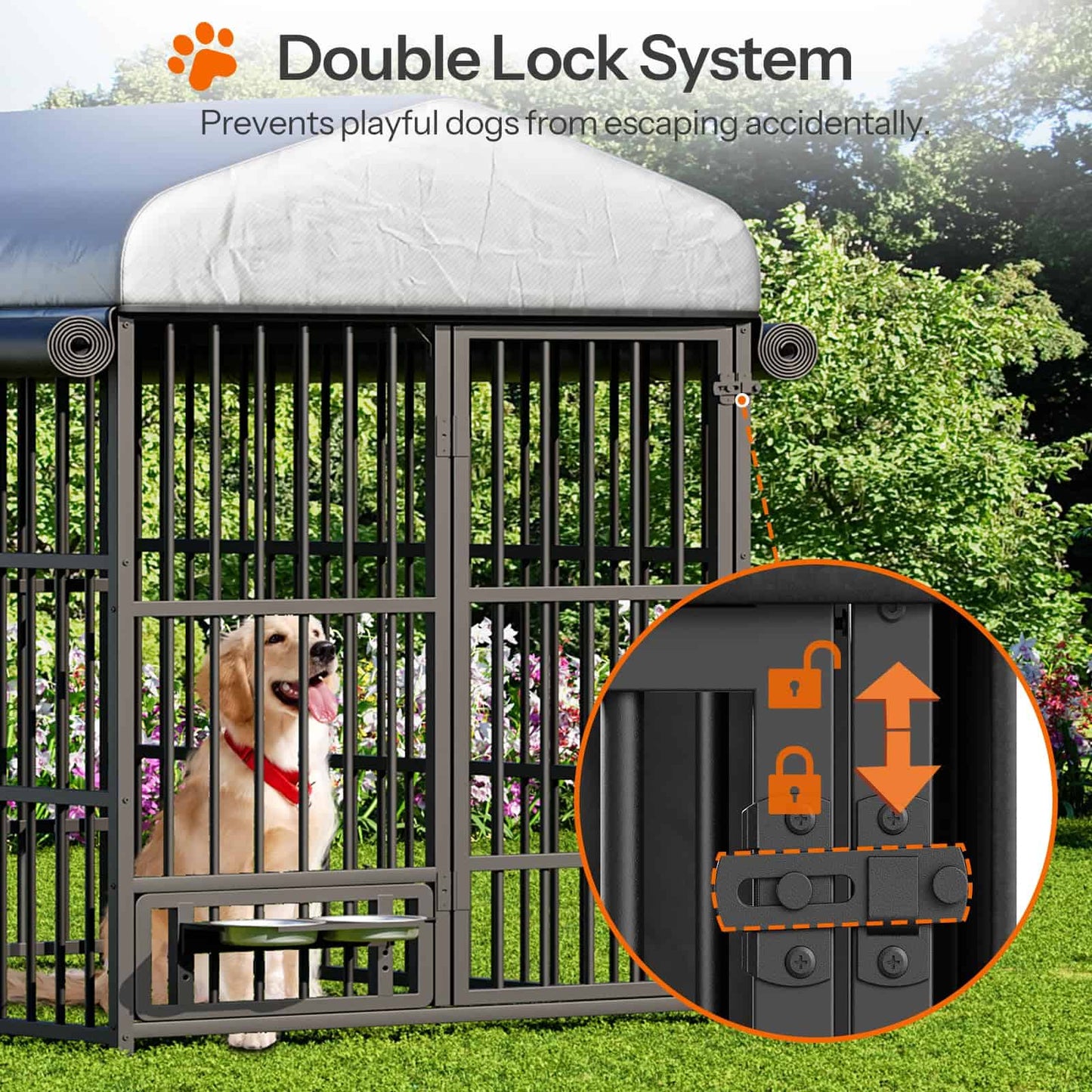 HOOBRO Outdoor Heavy-Duty Large Dog Kennel with Waterproof Cover & Rotating Feeding Bowls