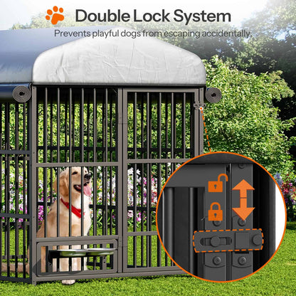 HOOBRO Outdoor Heavy-Duty Large Dog Kennel with Waterproof Cover & Rotating Feeding Bowls