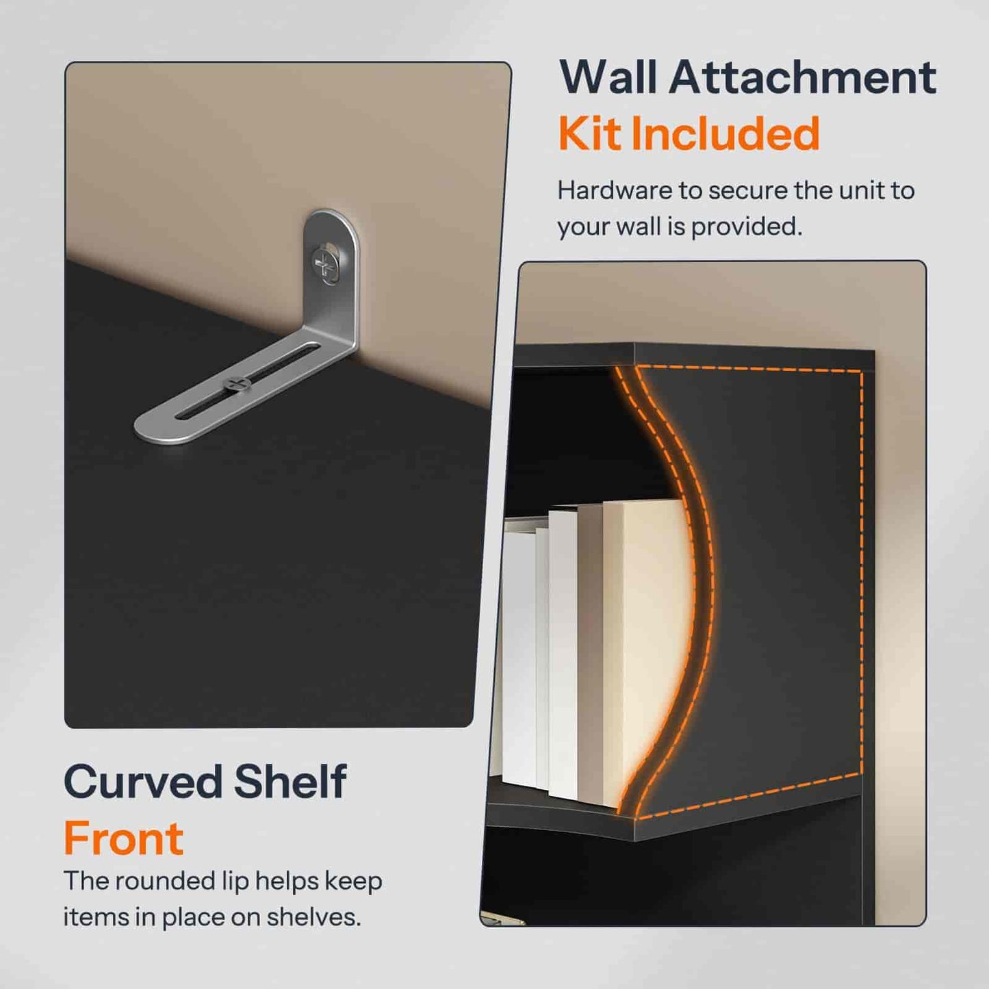 Curved shelf with wall attachment kit on a gray background