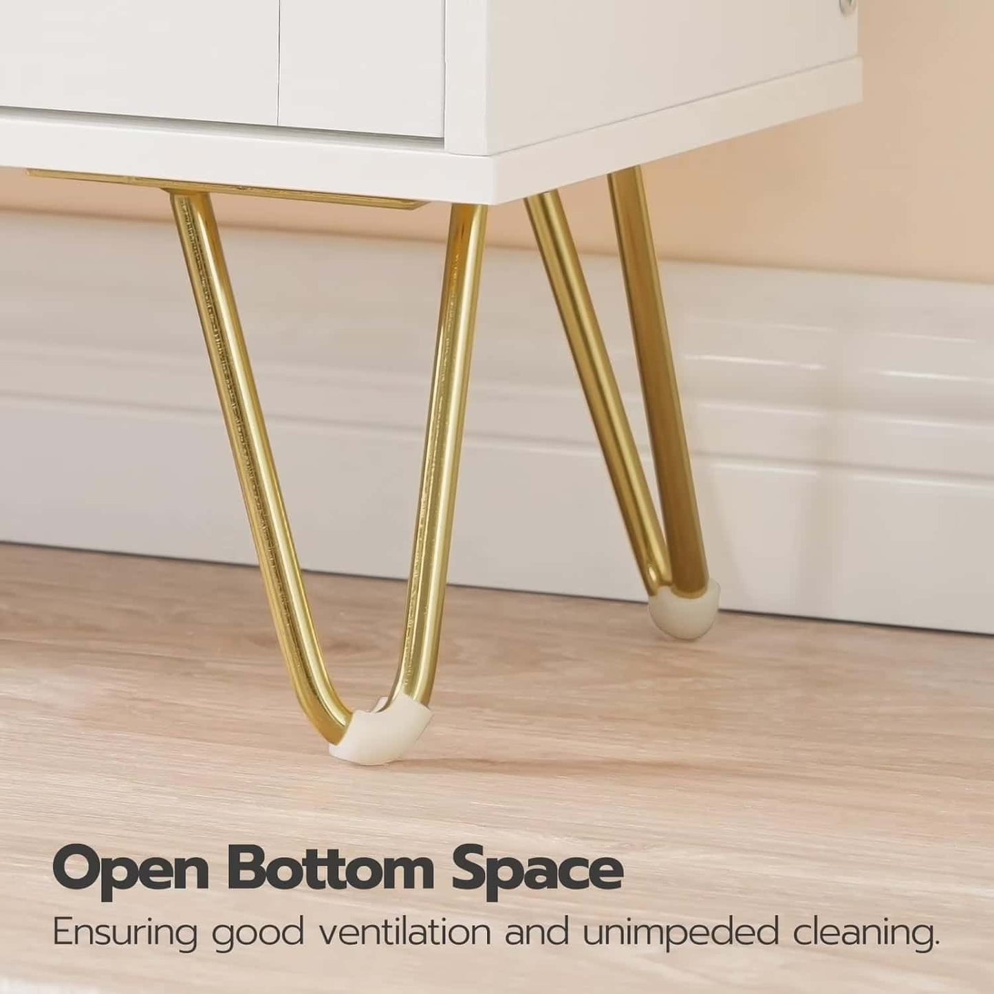 Gold hairpin legs of a table with text about open bottom space.