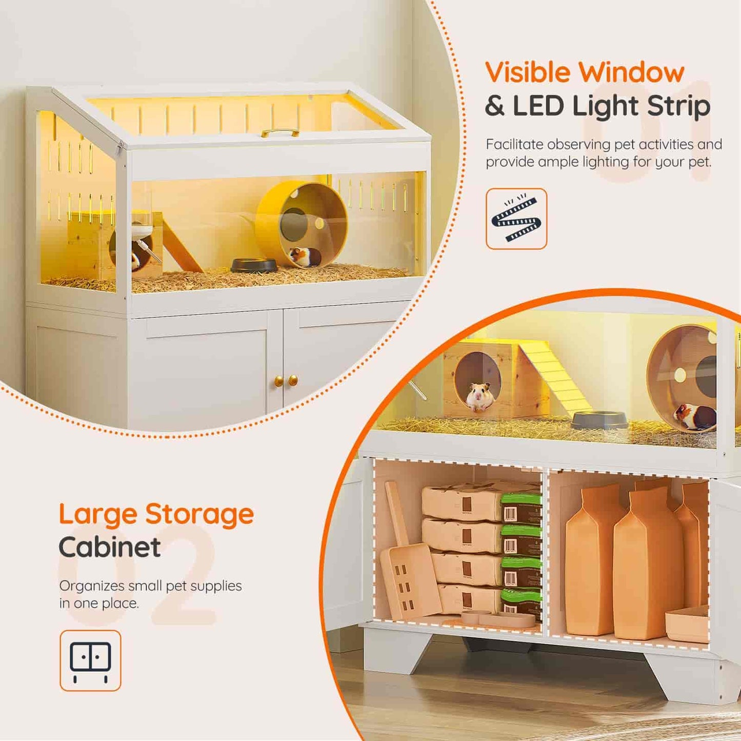 Pet cage with visible window, LED light strip, and large storage cabinet.