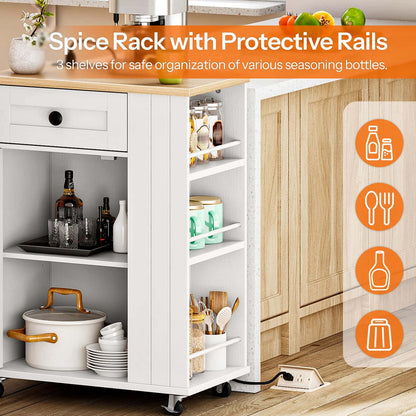 White kitchen cabinet with spice rack and protective rails, featuring various kitchen items.