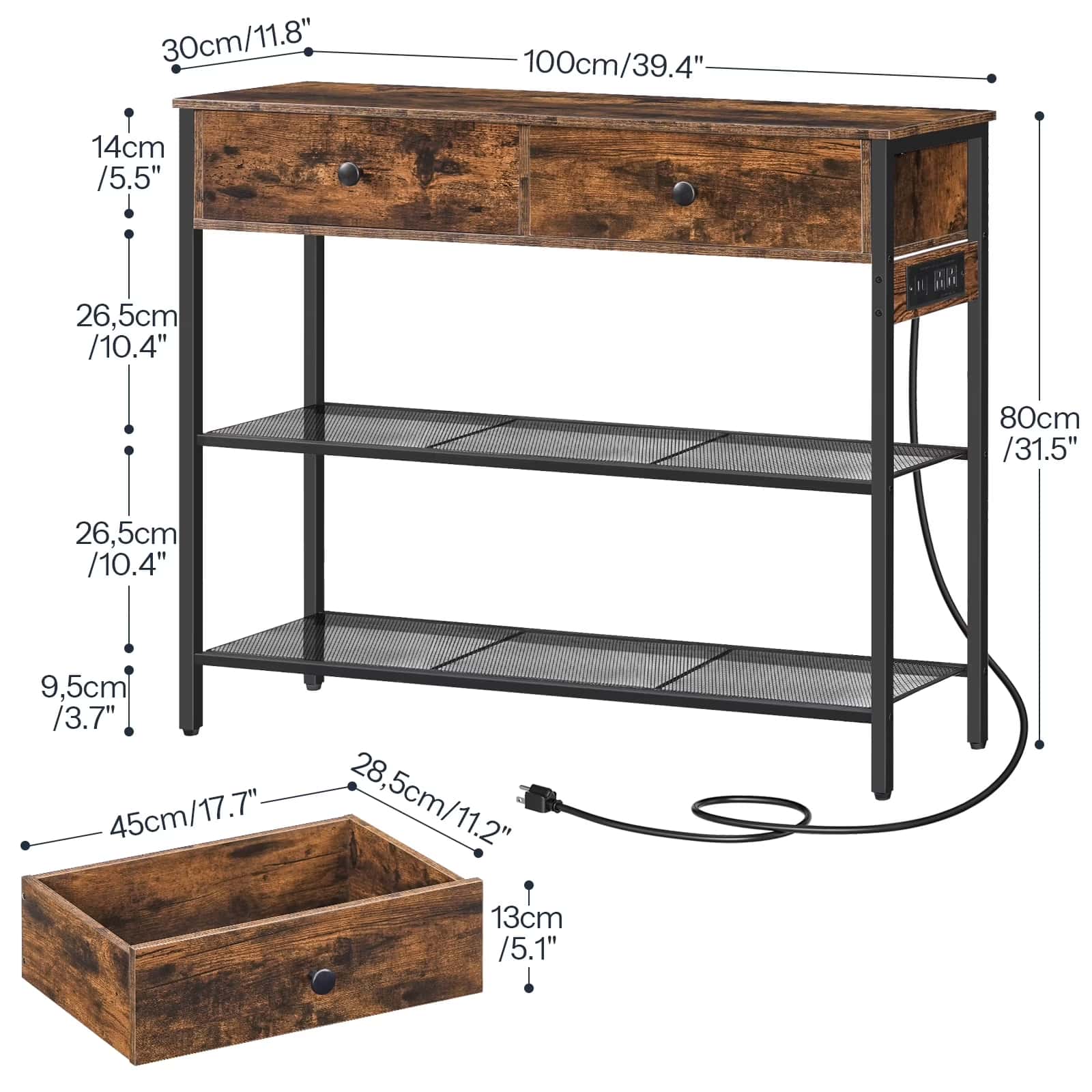 Wooden console table with dimensions labeled on a white background