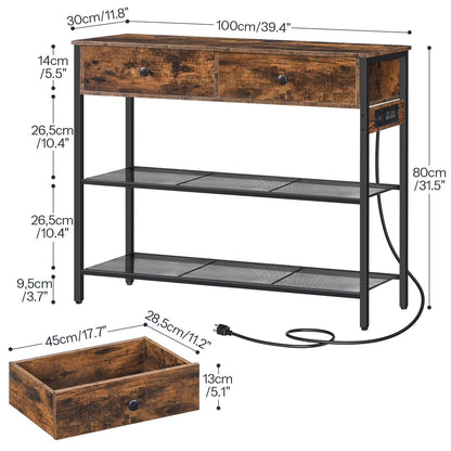 Wooden console table with dimensions labeled on a white background