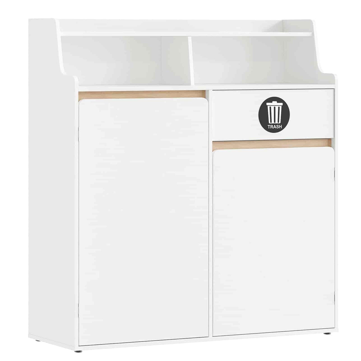 White storage unit with a trash bin symbol on a white background
