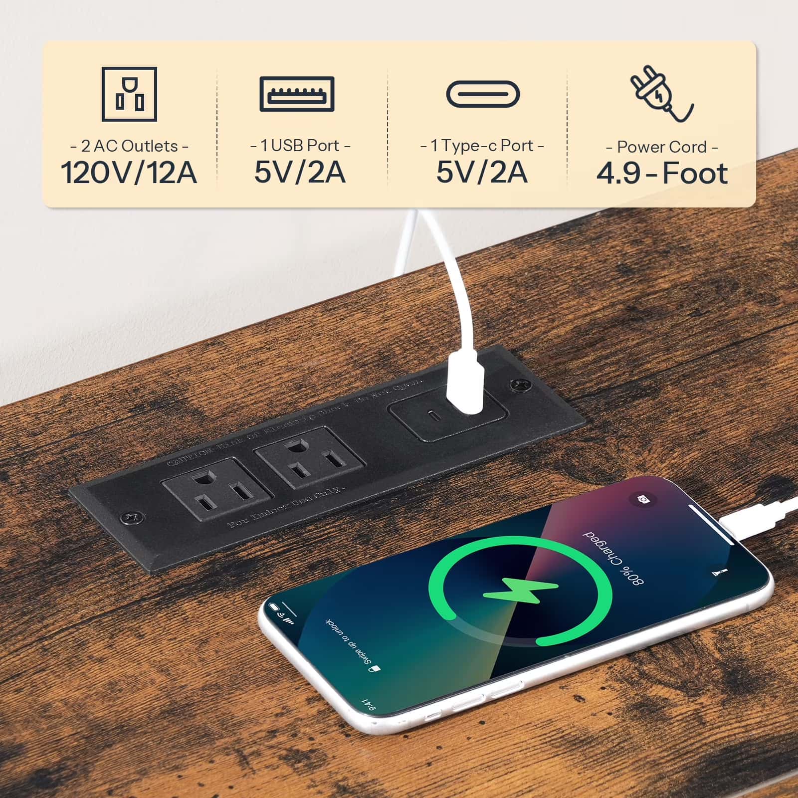 Power strip with multiple outlets and ports on a wooden surface, with a smartphone being charged.