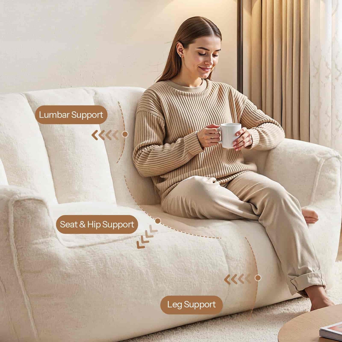 Woman sitting on a white sofa with text highlighting lumbar, seat, hip, and leg support.