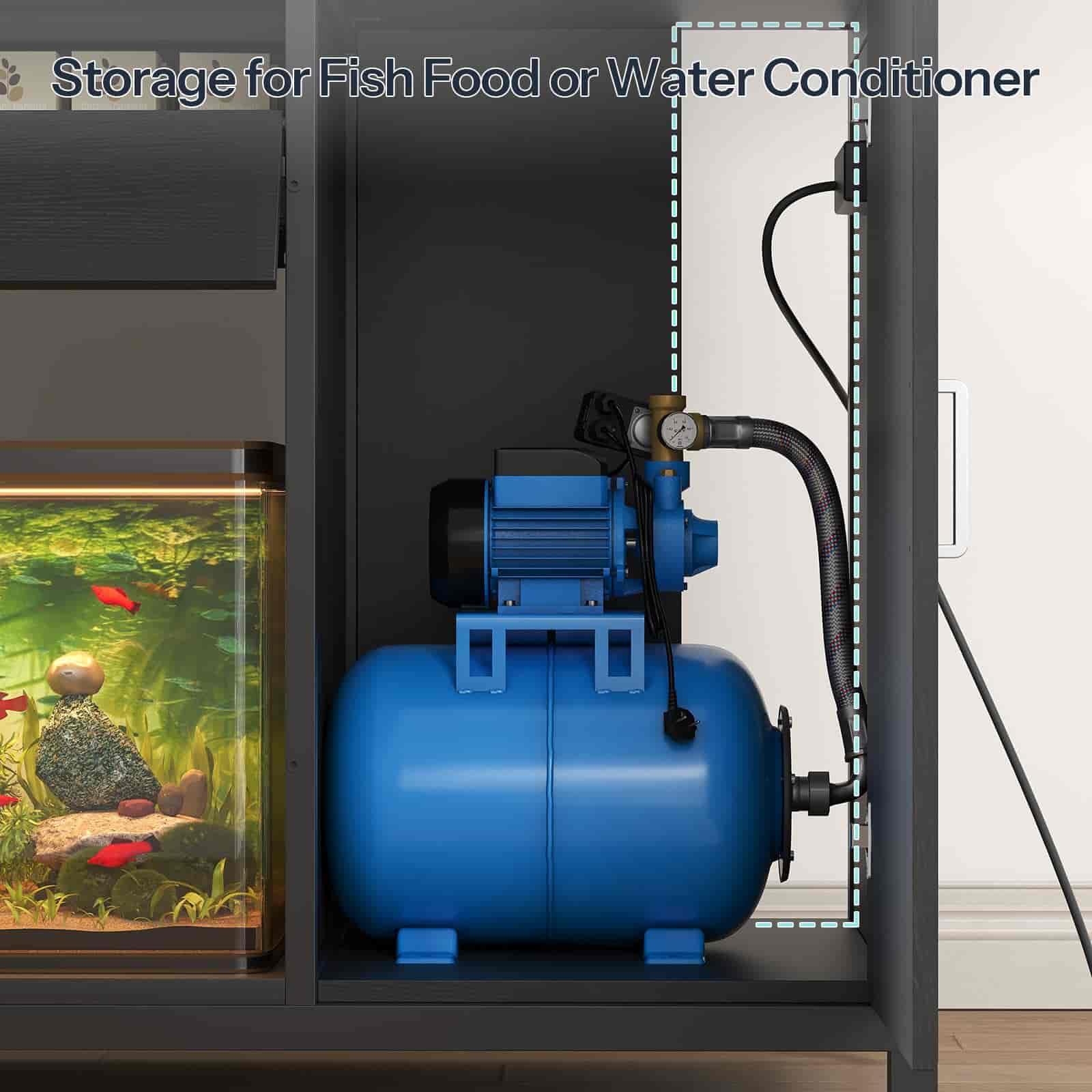 Blue air pump and storage tank next to a fish tank with fish inside.