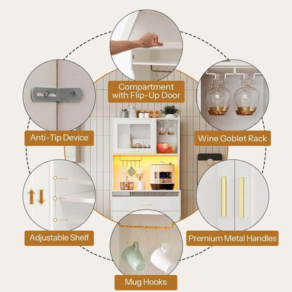 Kitchen cabinet with features highlighted, including a flip-up door, anti-tip device, wine goblet rack, adjustable shelf, mug hooks, and premium metal handles.