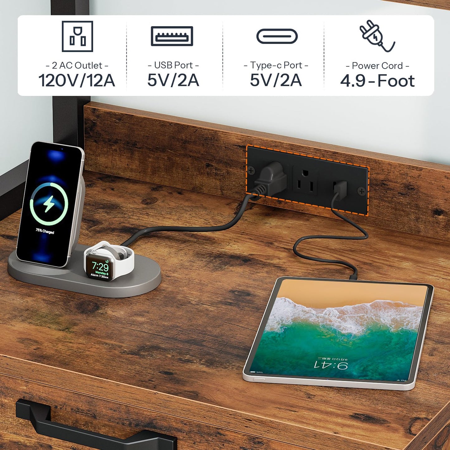 Desk setup with charging station, phone, watch, and tablet on a wooden surface.